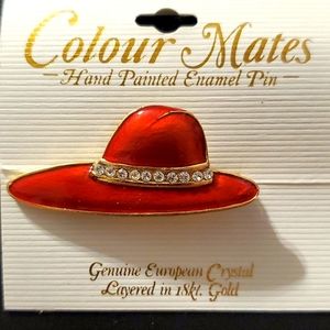 Red Hat Society Enamel Pin Genuine European Crystal Layered In 18K Gold 2.25"